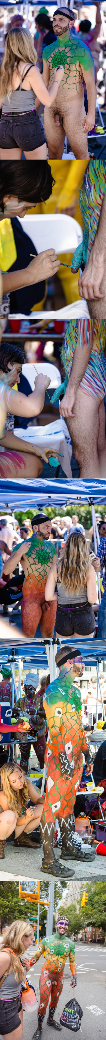straight guy getting his naked body painted in public by a girl