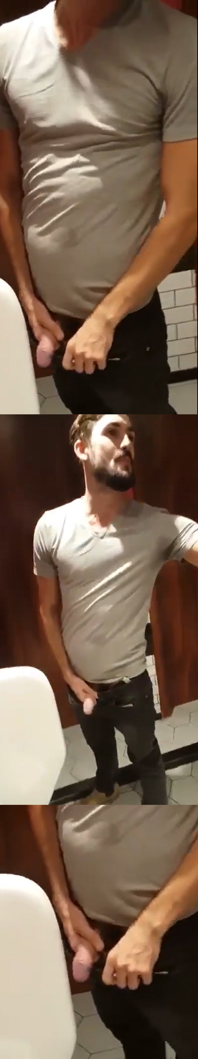 straight guy with huge dick peeing at urinals while talking to his friends