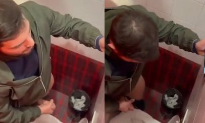handsome bearded guy caught wanking in public toilet