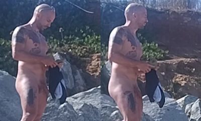hung tattooed nudist man caught by hidden camera