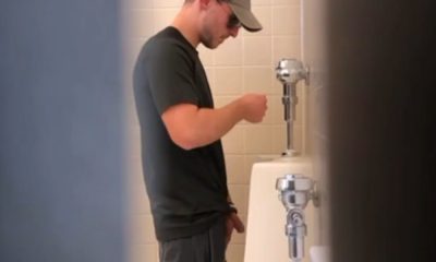 sexy daddy captured on video by spycam while peeing at urinals
