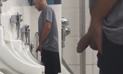 Guy with monster cock caught peeing at urinals