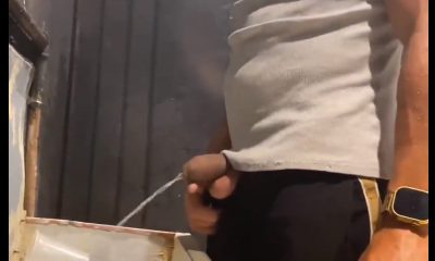 Uncut latin guy caught peeing at club urinals