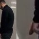 Bearded guy with huge cock caught peeing at the urinals