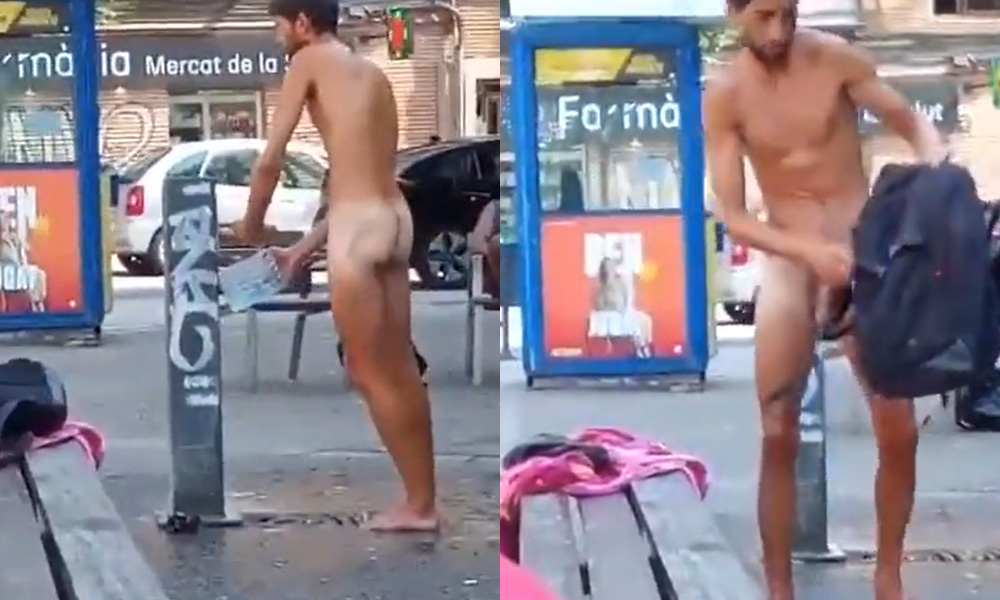 Man undressing in public in the street in Spain