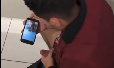 Straight guy with thick uncut dick caught wanking in public toilet