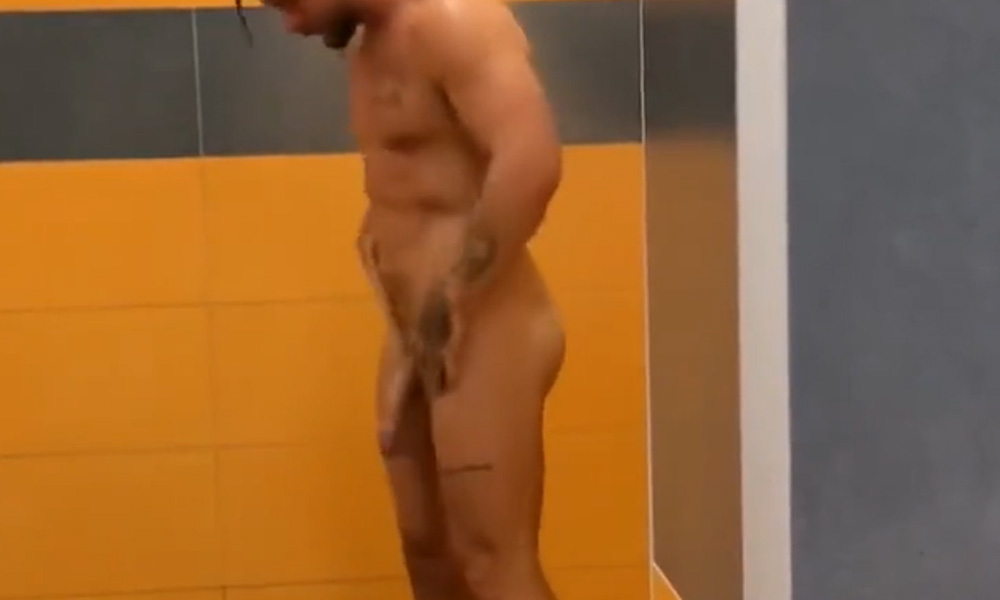Stud with enormous cock caught naked by spycam in shower