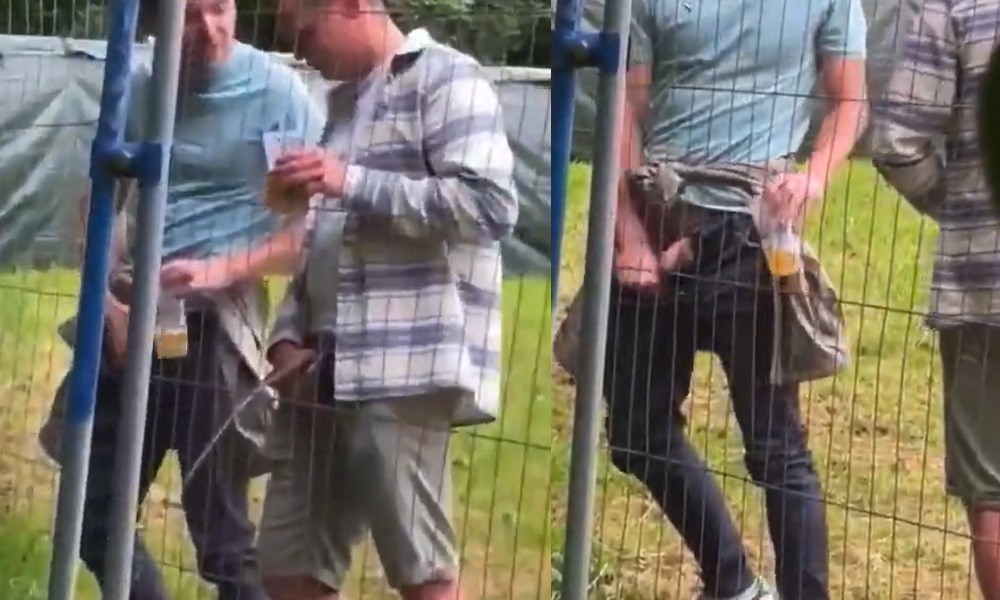 Two friends caught peeing in public behind a fence