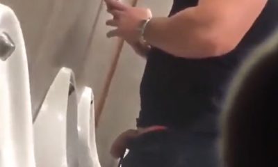Handsome muscled guy with thick dick caught peeing at urinals