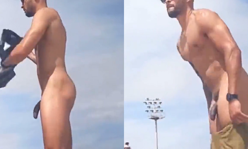 Latin stud with big uncut dick caught naked at the beach