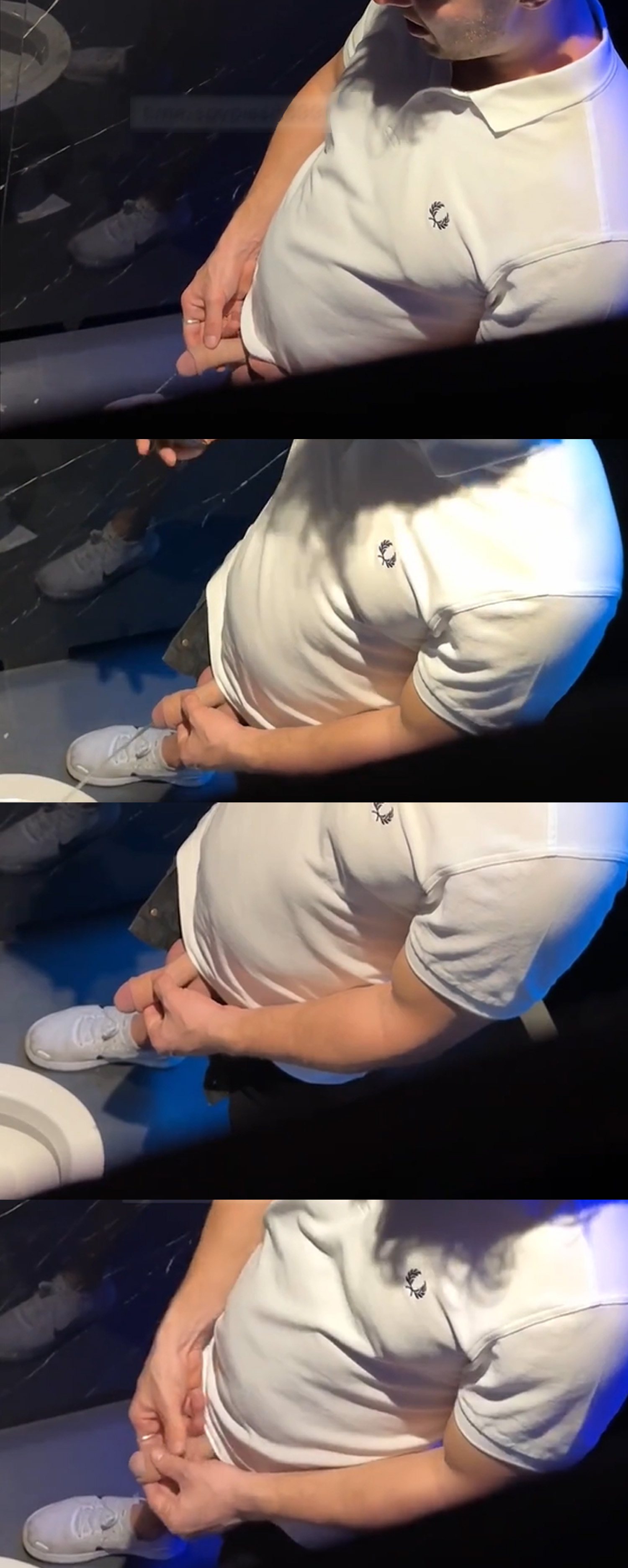 Uncut guy peeing while texting in club toilet