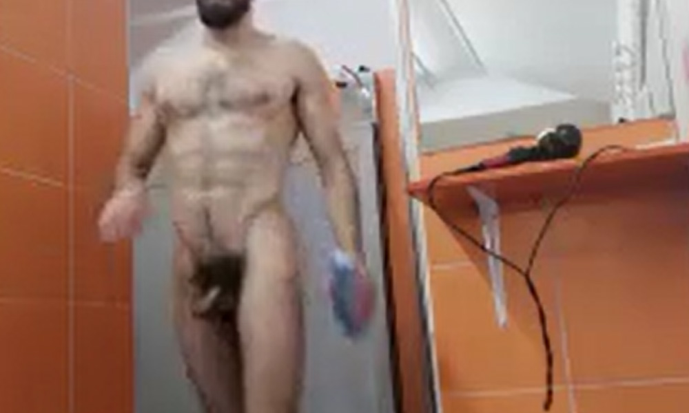 Scruffy dude with hairy dick in the gym shower