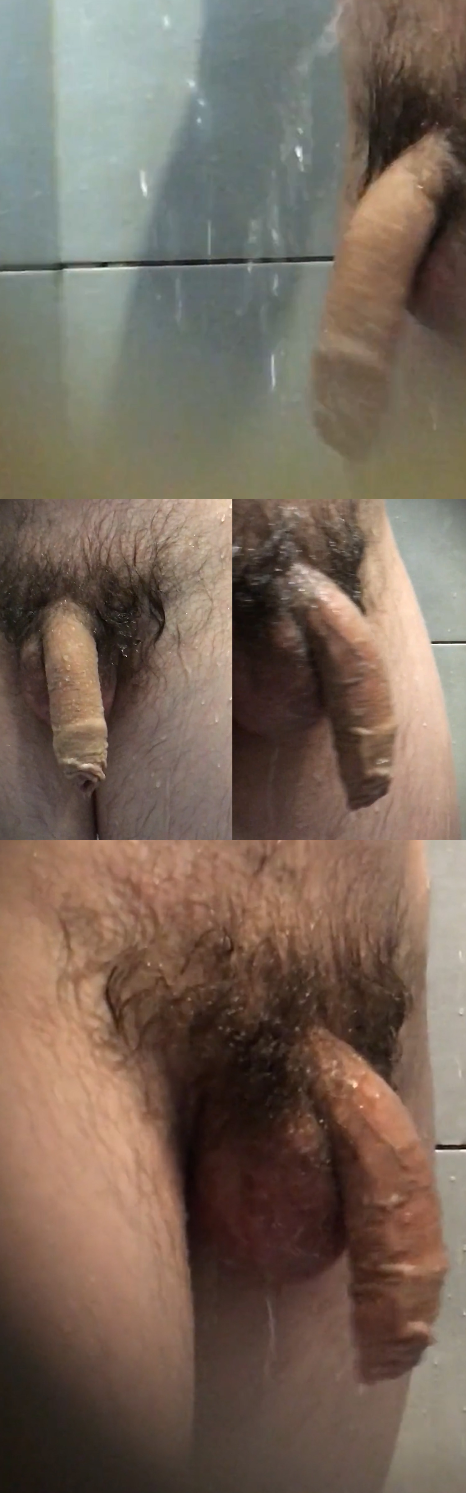 Close up on big uncut cock in the gym showers