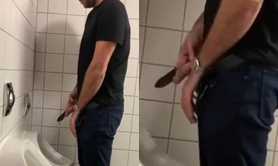 Big dick man caught pissing at urinals