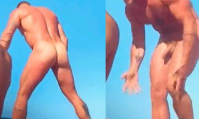 Handsome muscled stud caught naked at the nudist beach