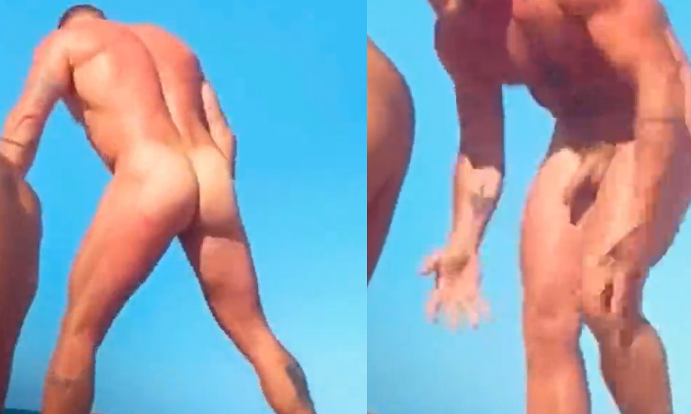 Handsome muscled stud caught naked at the nudist beach