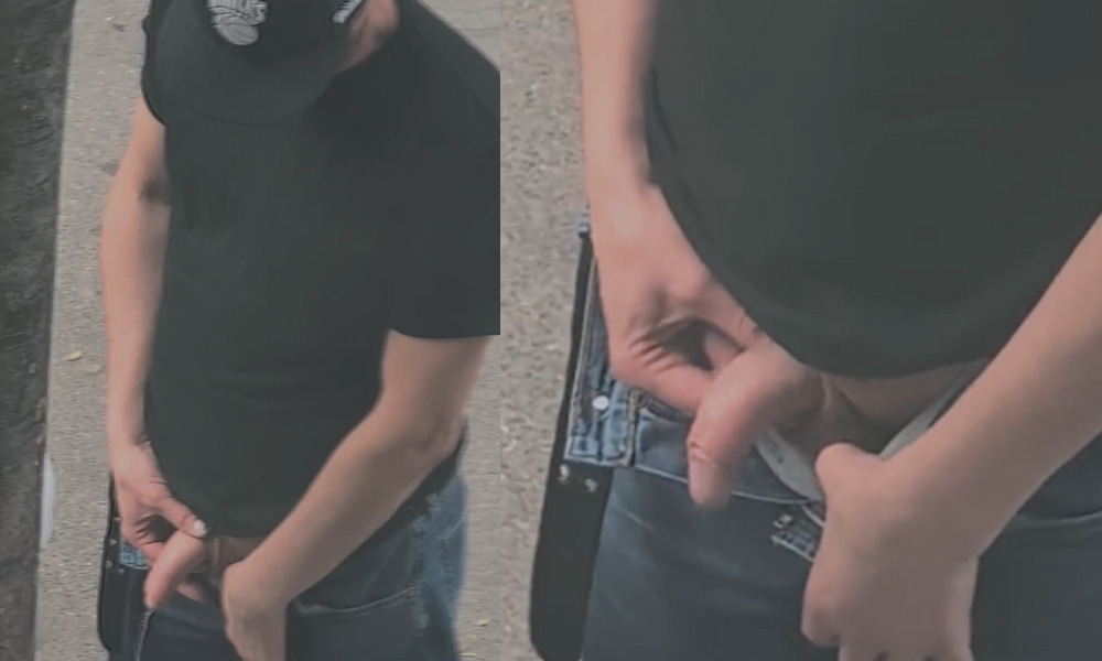 Hung uncut guy caught peeing in the street