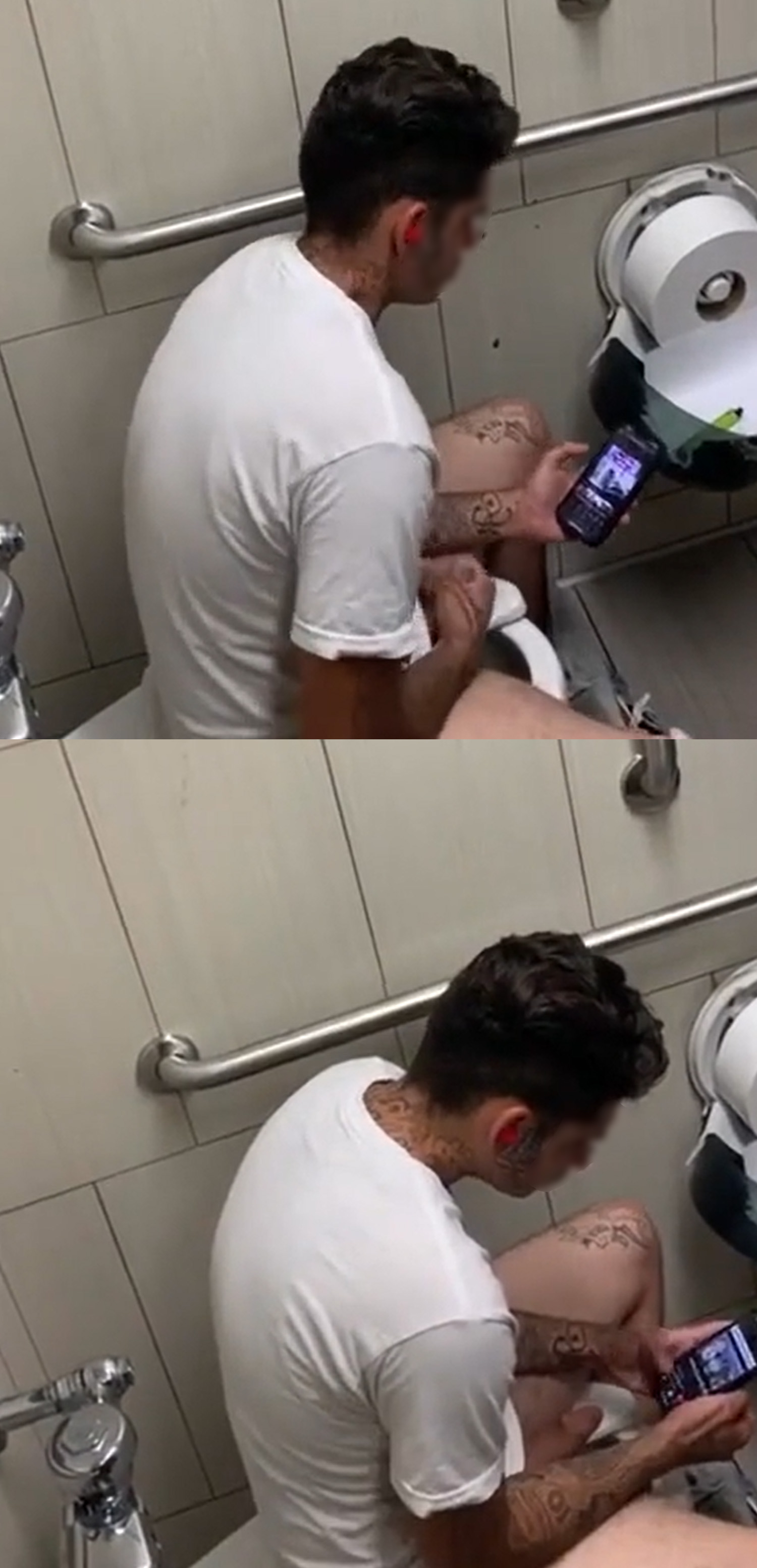 Uncut guy caught jerking off in the public restroom