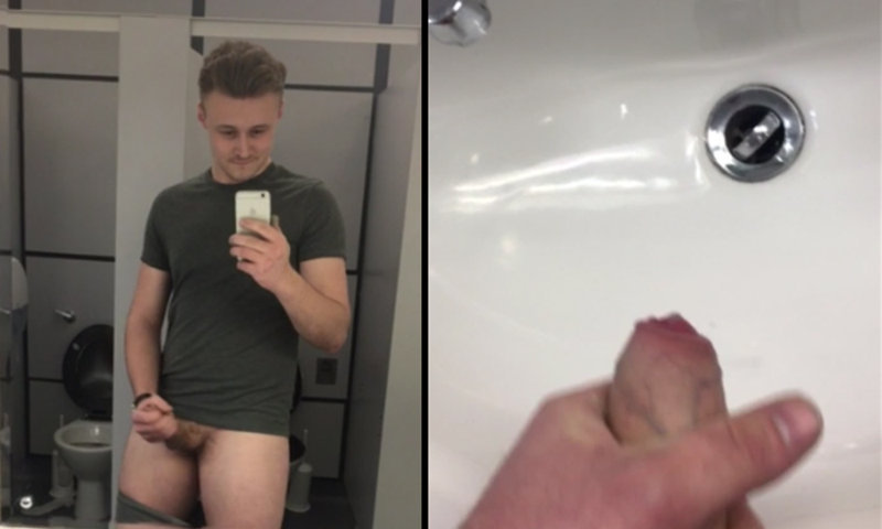 straight guy jerking in public toilet selfie video.