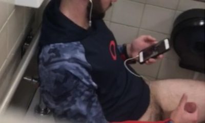horny bearded guy caught wanking in public toilet