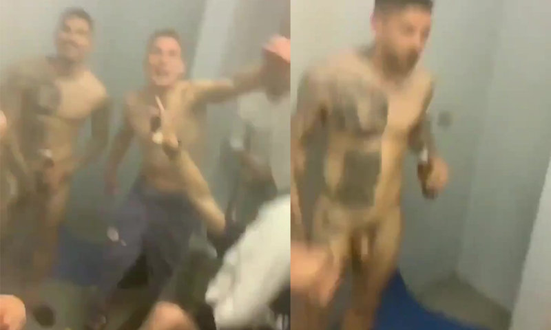 footballers naked in shower making a selfie video