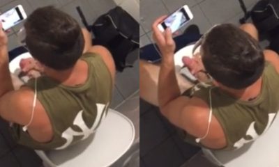 college guy caught by spycam while jerking in public toilet