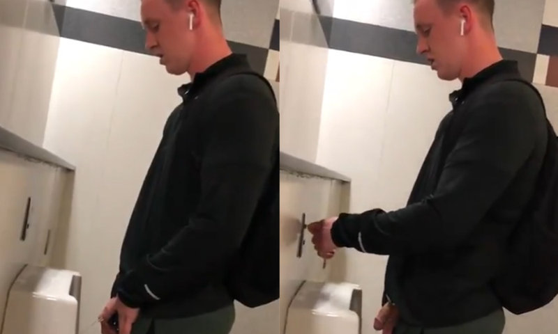 guy with big cut cock peeing at urinal