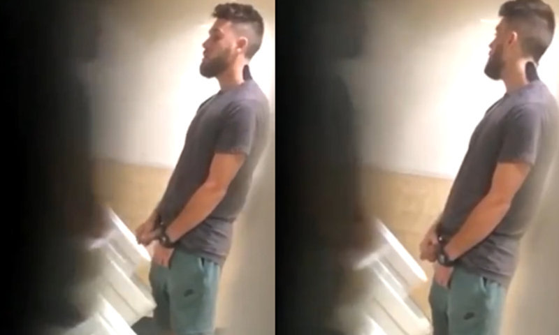 hunky bearded guy caught peeing urinal