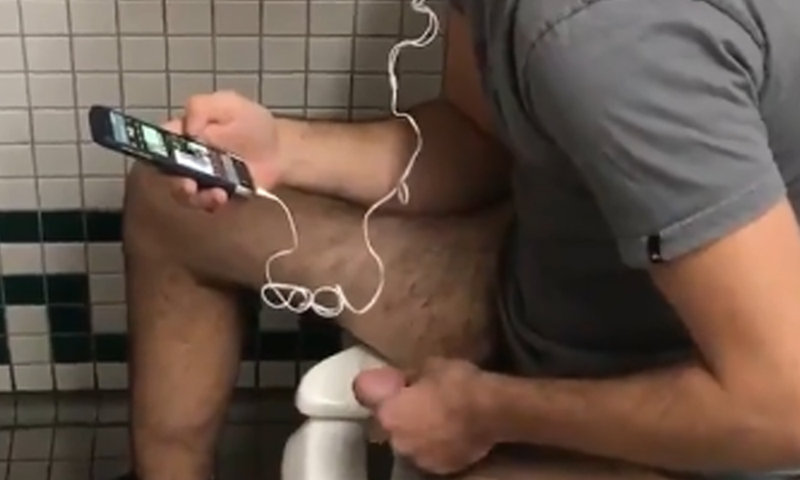 sexy guy with hairy legs caught wanking in public toilet