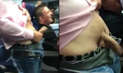 guy flashing and shaking his big cock on train in public