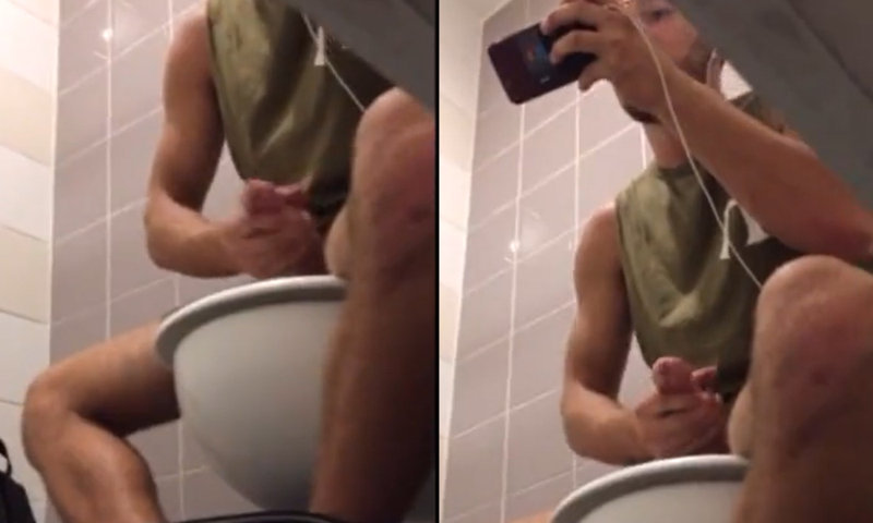 aussie dude with huge cock caught jerking in public toilet