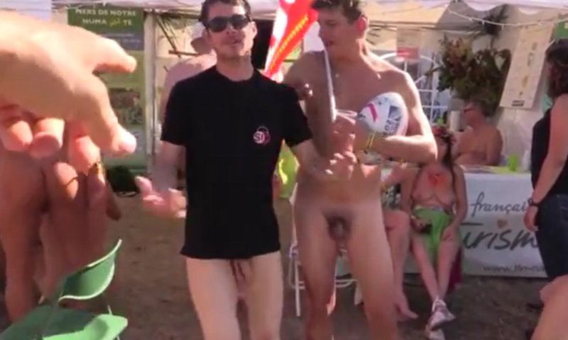 straight guys having fun at nudist event