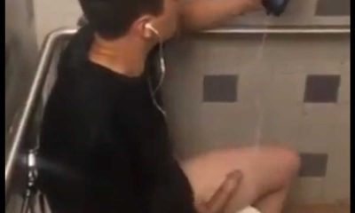 handsome guy with huge cock caught wanking in public toilet