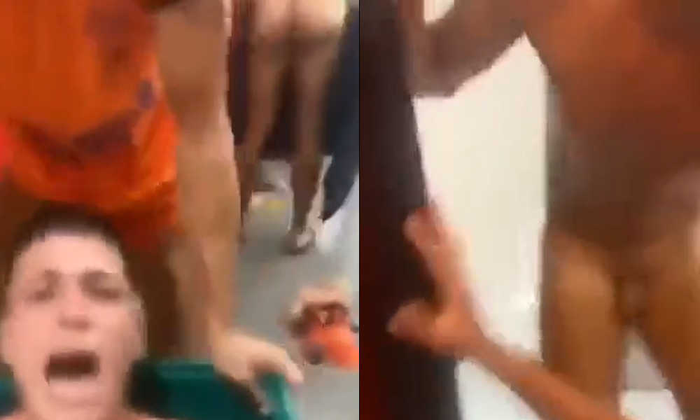 footballers caught naked during team celebration in locker room