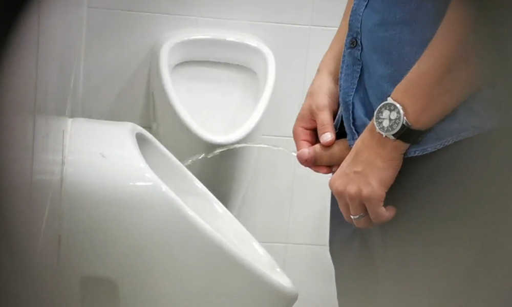 straight uncut man caught peeing urinal