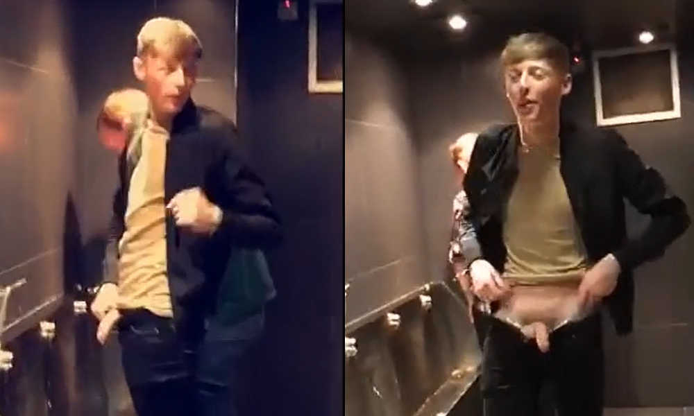 guys having fun at urinals with dicks out