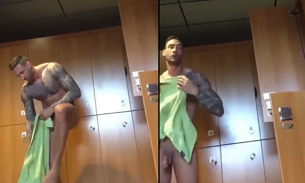 spy on inked man in locker room