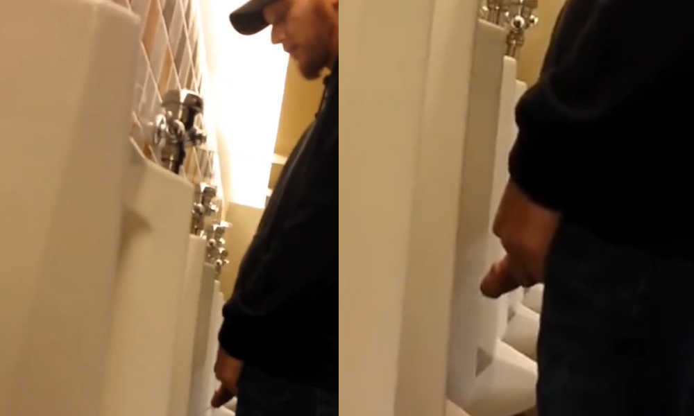 bearded guy with cut dick caught peeing at urinal by spycam