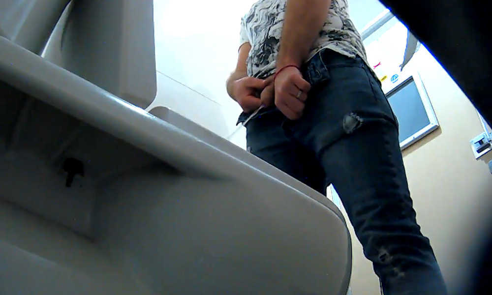 uncut guy with nice cock caught peeing in public toilet