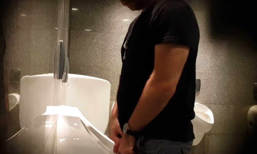 guy with thick uncut dick caught peeing at urinals