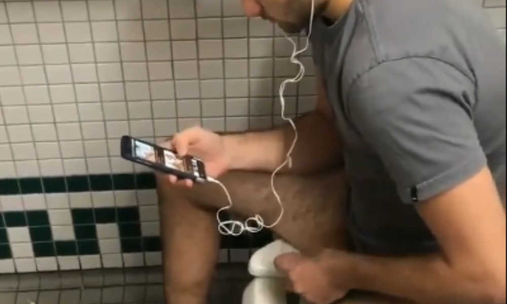 horny guy caught wanking his huge hard cock in public toilet