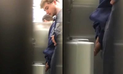 spy on guy with huge cock peeing at urinal