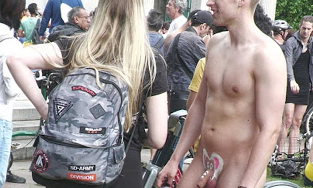 straight uncut guy with painted cock naked in public