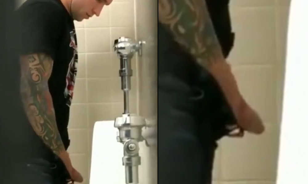 hot guy with big cock caught peeing at urinal