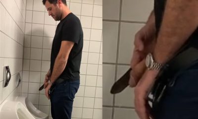 man with nice cock caught by spycam while peeing at a urinal
