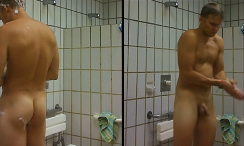 handsome uncut guy caught showering in the gym open shower