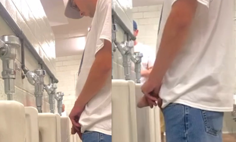 spy on a hung man with big dick taking a leak at urinals