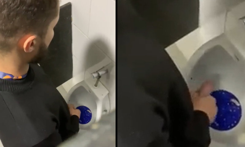 bearded uncut guy caught pissing at urinal