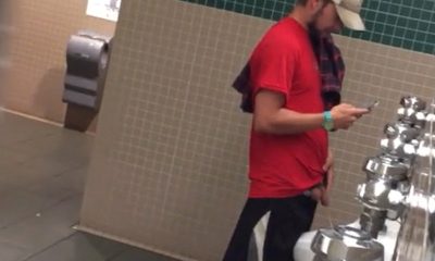 guy with big dick caught peeing hands free in public restroom