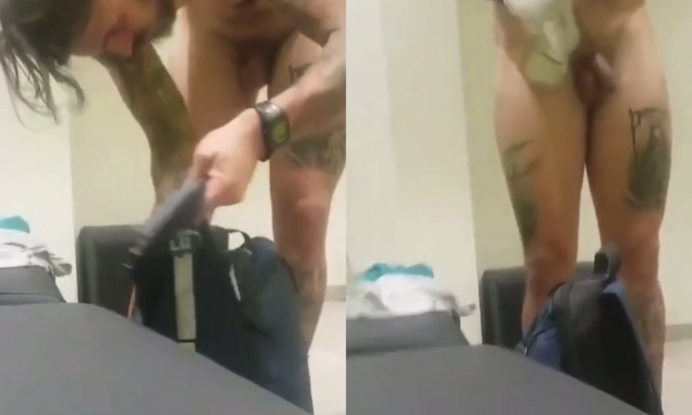 sexy tattooed guy caught undressing in gym locker room